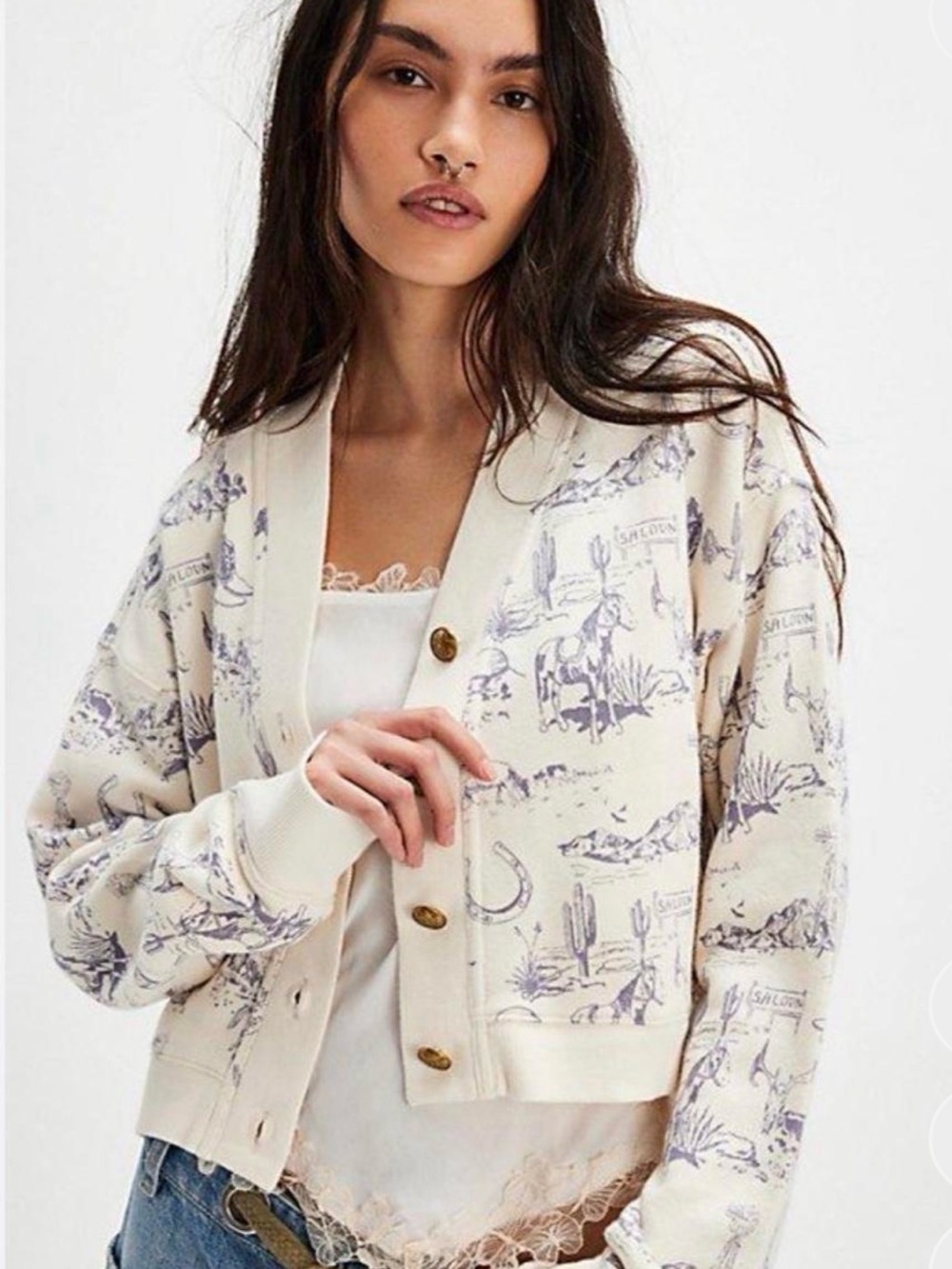 NWT Adorable Free People Cream Cardigan with Toile Print